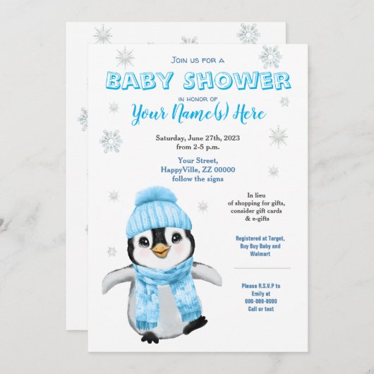 冬の男の子ペンギン赤ちゃんシャワーBlueInvitation 招待状 (正面/裏面)