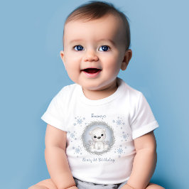 冬の男の子1日の誕生日かわいい青いホッキョクグマ ベビーTシャツ