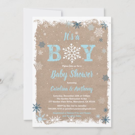 冬の男の赤ちゃんのシャワー雪のフレーク素朴その男の子 招待状 (正面)