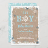 冬の男の赤ちゃんのシャワー雪のフレーク素朴その男の子 招待状 (正面/裏面)