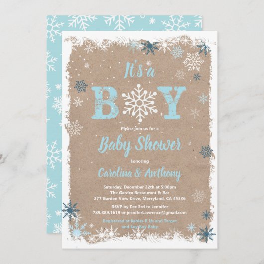 冬の男の赤ちゃんのシャワー雪のフレーク素朴その男の子 招待状 (正面/裏面)