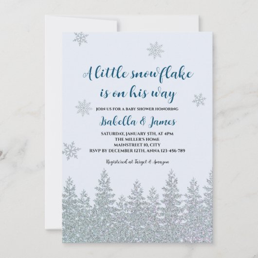 冬の男の赤ちゃんシャワーウッドランドリトルスノーフレーク 招待状 (正面)