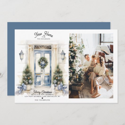 冬の白いクリスマスドア新しいホームフォトムービング シーズンカード (正面/裏面)