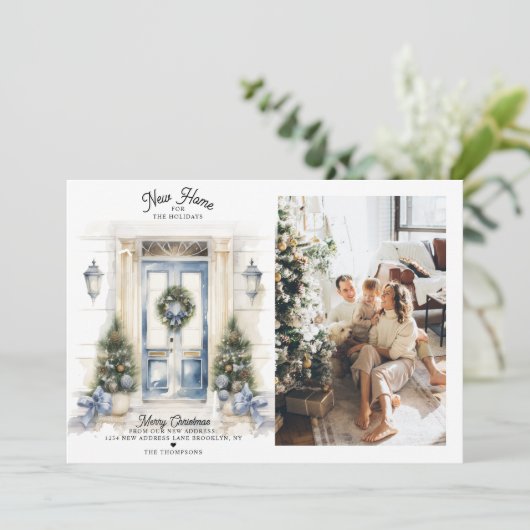 冬の白いクリスマスドア新しいホームフォトムービング シーズンカード (スタンド正面)