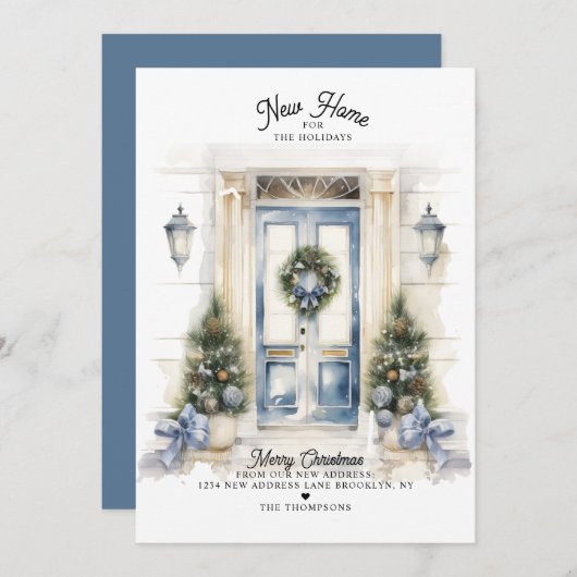 冬の白いクリスマスドア新しいホームムービング シーズンカード (正面/裏面)