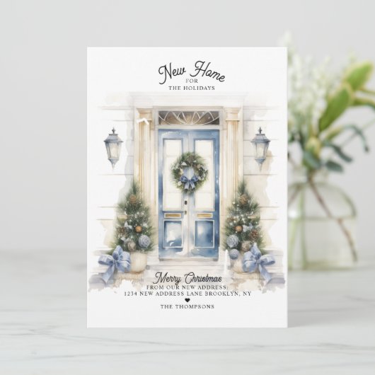 冬の白いクリスマスドア新しいホームムービング シーズンカード (スタンド正面)