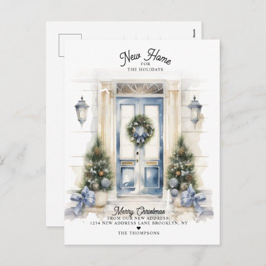 冬の白いクリスマスドア新しいホームムービング シーズンポストカード (正面/裏面)