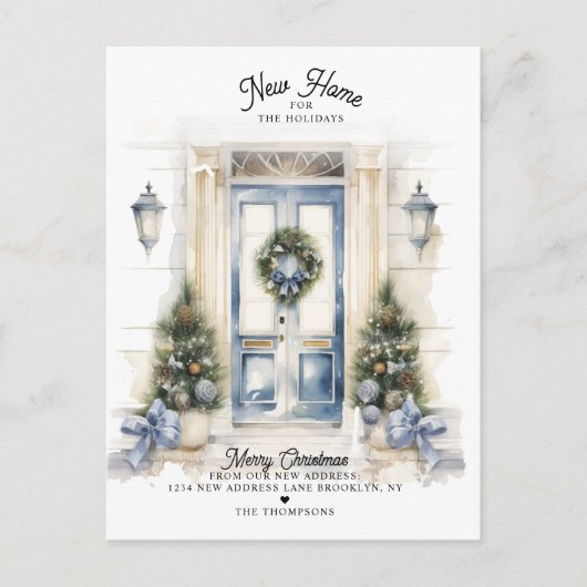 冬の白いクリスマスドア新しいホームムービング シーズンポストカード (正面)