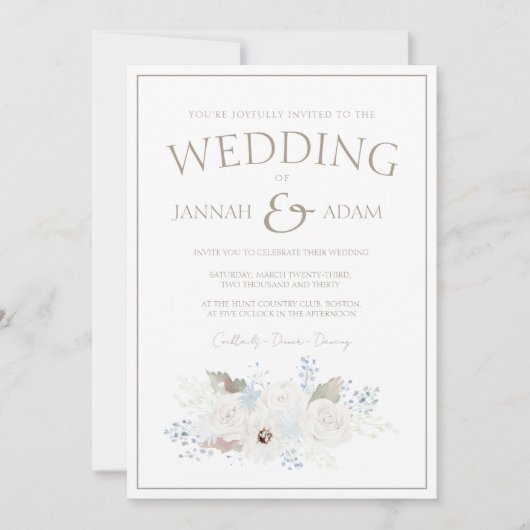 冬の白いフローラとトープ結婚クリスマス 招待状 (正面)