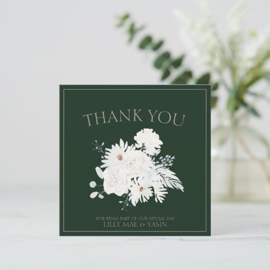 冬の白いフローラと緑の結婚クリスマス サンキューカード (スタンド正面)