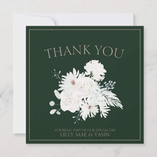 冬の白いフローラと緑の結婚クリスマス サンキューカード (正面)