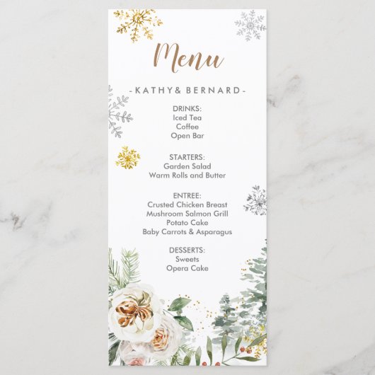冬の白いフローラパインツ結婚リーズのメニューカード メニュー (正面)
