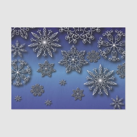 冬の白いペーパーカット雪の結晶オン・ブルー 薄葉紙 (正面)