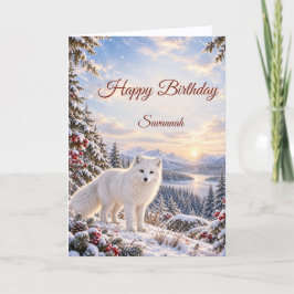 冬の白いホッキョクギツネ 雪の誕生日 カード
