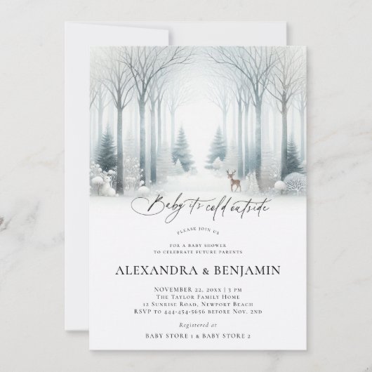 冬の白い森の雪コードニュートラルベビーシャワー 招待状 (正面)