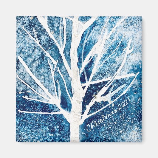 冬の白い樺の木ツリーのクリスマス マグネット (正面)