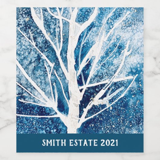 冬の白い樺の木ツリーのクリスマス ワインラベル (シングルラベル)