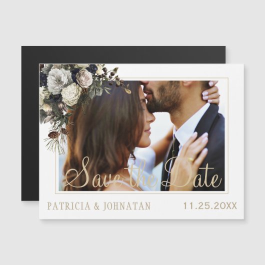 冬の白い牡丹エレガントな結婚式は日付を保存 (正面/裏面)