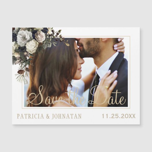 冬の白い牡丹エレガントな結婚式は日付を保存 (正面)