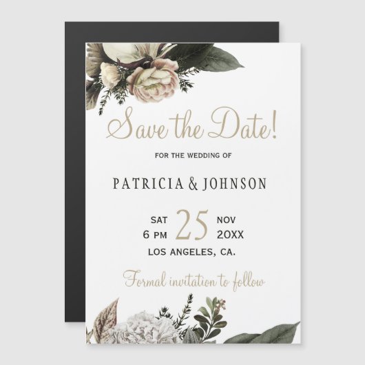 冬の白い牡丹エレガントな結婚式は日付を保存 マグネット招待状 (正面/裏面)