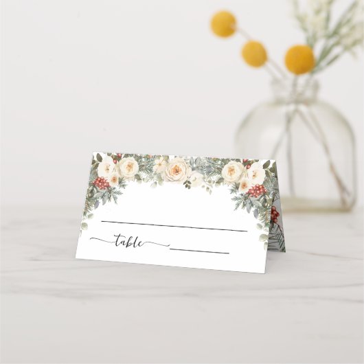 冬の白い花の結婚式 座席 フォールド プレイスカード (正面)