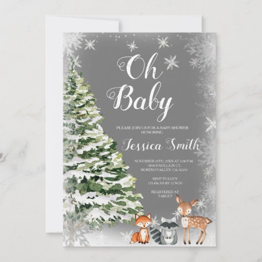 冬の白い雪片クリスマスベビーシャワー 招待状 (正面)