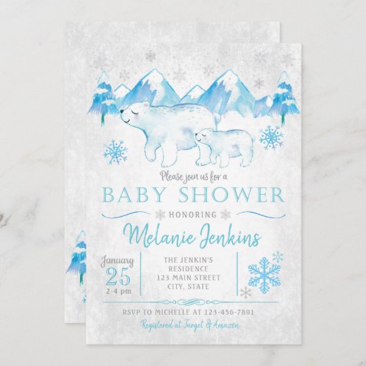 冬の白くまの雪の男の子のベビーシャワーの招待状 招待状 (正面/裏面)