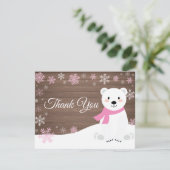 冬の白くまの雪片のピンクのサンキューカード サンキューカード (スタンド正面)