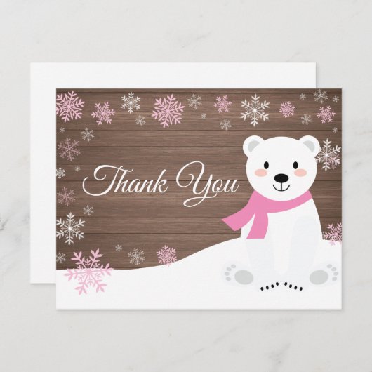 冬の白くまの雪片のピンクのサンキューカード サンキューカード (正面/裏面)