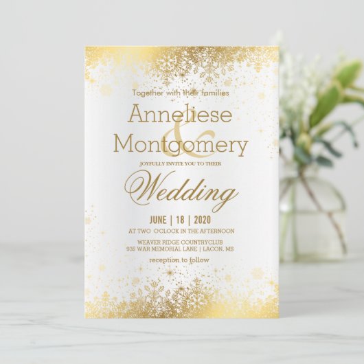 冬の白と金ゴールドの雪結婚片 招待状 (スタンド正面)