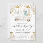 冬の白と金ゴールドトラックのフローラクリスマス 招待状 (正面)