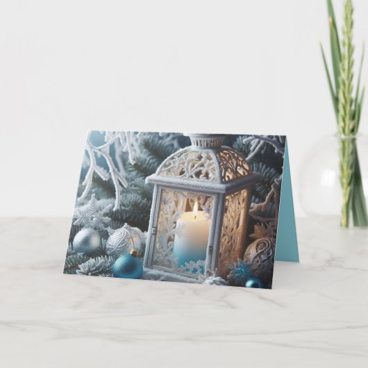 冬の白と青の曇りランタン カード (正面)
