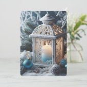 冬の白と青の霜のランタン シーズンカード (スタンド正面)