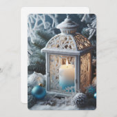 冬の白と青の霜のランタン シーズンカード (正面/裏面)