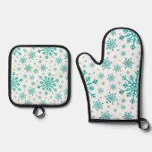 冬の白にかわいらし緑のクリスマスの雪の結晶 鍋つかみ&鍋敷きセット (正面)