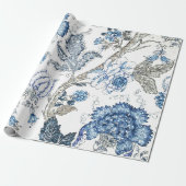 冬の白のきらびやかで青い花柄 ラッピングペーパー (アンロールド)