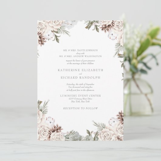 冬の白エレガントフローラ両結婚親 招待状 (スタンド正面)