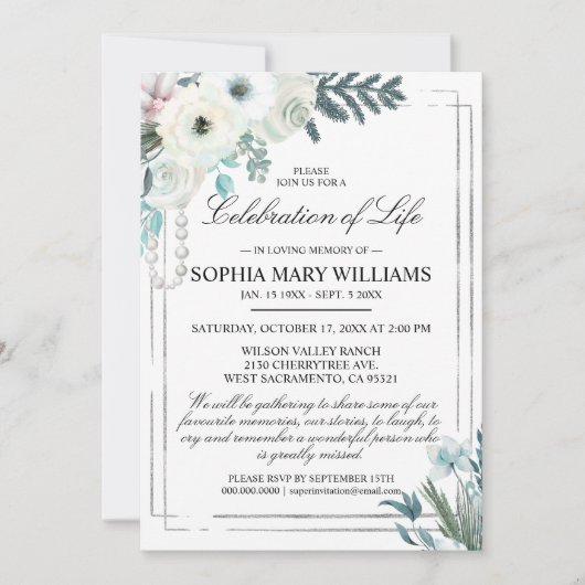 冬の白バラの葬儀お祝い・オブ・ライフ 招待状 (正面)