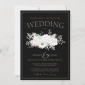 冬の白フローラと黒の結婚クリスマス 招待状 (正面)