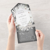 冬の白フローラスパークルグレーQRコード オールインワン招待状 (貼ってはがせる)