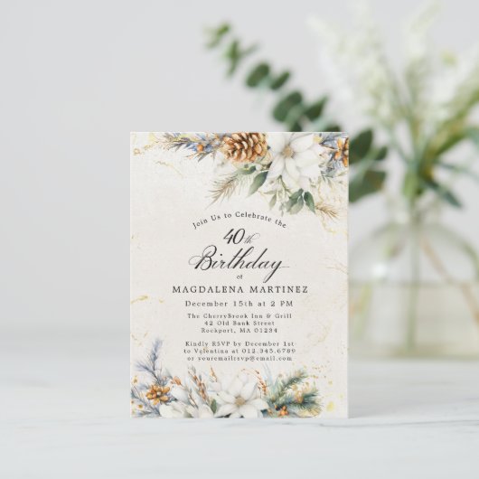 冬の白フローラ緑40歳の誕生日 インビテーションポストカード (スタンド正面)
