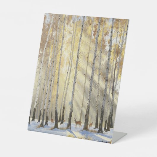 冬の白樺の森と鹿 台座サイン (正面)