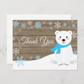 冬の白熊の雪片ブルーサンキューカード サンキューカード (正面/裏面)