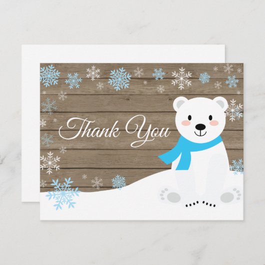 冬の白熊の雪片ブルーサンキューカード サンキューカード (正面/裏面)