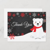冬の白熊の雪片赤サンキューカード サンキューカード (正面/裏面)