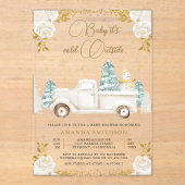 冬の白金ゴールドフローラトラック雪だるまベビーシャワー アクリル招待状 (正面)