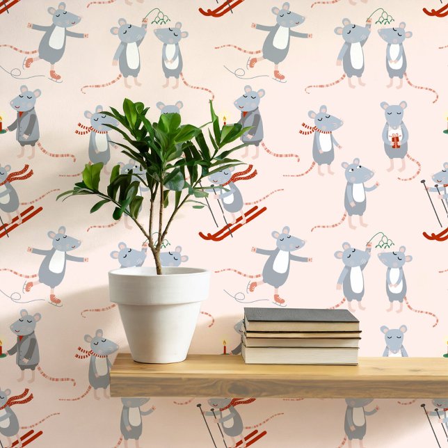 冬の祭り ピンクのネズミ 壁紙 (Fun winter mice art wallpaper)