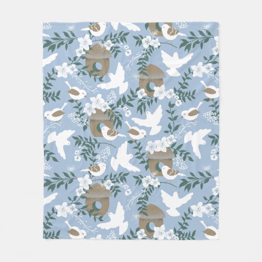 冬の穏やかなコージーな毛布 ライトブルー 鳥 フリースブランケット (正面)