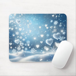 冬の空の雪の結晶と雪のハート マウスパッド