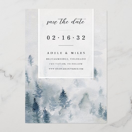 冬の空想 |水彩フォレスト日付を保存 箔招待状 (正面)
